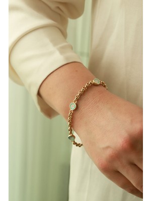 Aydın Kuyumculuk 14 Ayar Altın,turkuaz Mineli 3 Lü Yoncalı Bileklik AGBLK695