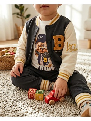 Erkek Çocuk Bayramlık 3’lü Takım Kolej Ceketli Baskılı Sweatshirt ve Eşofman Altı Spor