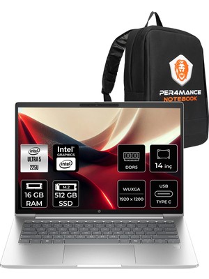 HP Probook 4 G1I Core Ultra 5 225U 16GB RAM 512GB SSD 14" FHD+ FreeDOS D21PFETPN307 Notebook + Per4 Çanta