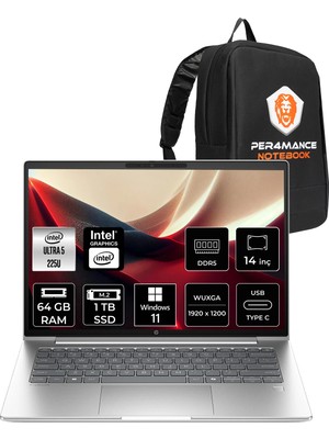 HP Probook 4 G1I Core Ultra 5 225U 64GB RAM 1TB SSD 14" FHD+ Win11 Home D21PFETPN383 Notebook + Per4 Çanta