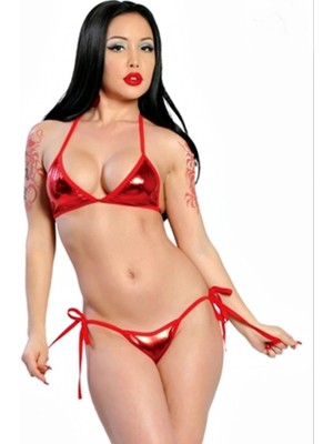 Pileli Store  Fantazi Aşk Kırmızısı Seksi  Sütyen Kilot Takım Seksi Parlak Iç Çamaşırı TG279188