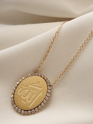Zülisch Allah Yazılı Kolye Çelik Gold 14K Zirkon Taşlı