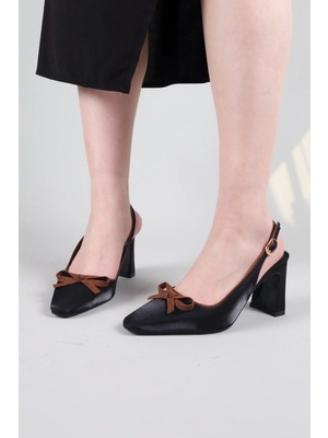 Birikon Ferta Ince Fiyonklu Saten Topuklu Ayakkabı Siyah