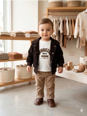 Vavbaby Erkek Bebek Fitilli Kadife Ceketli 3’lü Kombin Set