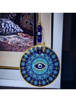 Pileli Store Yaldızlı Turkuaz Renkli Göz Modelli Nazar Boncuklu Duvar Süsü Cam Duvar Dekoru
