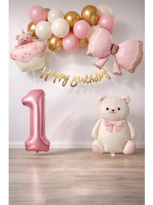 Retro 1 Yaş Ayıcık Temalı  Kız Bebek Konsept Doğum Günü Seti