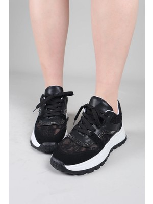 Birikon Rara Taş ve Tül Detaylı Spor Ayakkabı Siyah