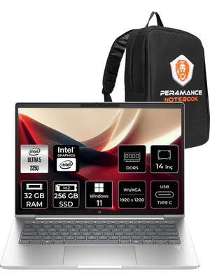 HP Probook 4 G1I Core Ultra 5 225U 32GB RAM 256GB SSD 14" FHD+ Win11 Home D21PFETPN366 Notebook + Per4 Çanta