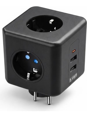 Poyraz Market Akım Korumalı Küp Priz 3 Priz Girişi ve 3 USB Şarj Özellikli