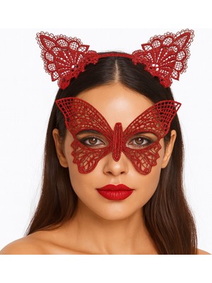 Pileli Store Gösterişli Kırmızı Dantel Maske ve Taç Seti 7 No – Masquerade ve Davetler Için