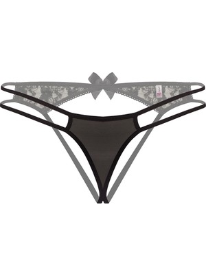 Pileli Store Arkası Açık Siyah Fantezi String Tanga