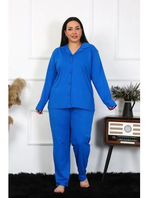 Pileli Store Kadın Büyük Beden Pamuklu Cepli Düğmeli Saks Pijama Takım