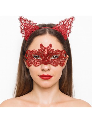 Pileli Store Ateş Kırmızısı Dantel Taç ve Maske Seti 10 No - Maskeli Balo &amp; Özel Gün Seti