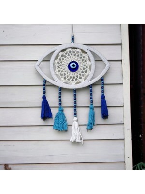 Pileli Store Beyaz Dantelli Ponponlu Nazar Boncuklu Duvar Süsü