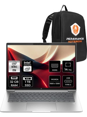 HP Probook 4 G1I Core Ultra 5 225U 32GB RAM 1TB SSD 14" FHD+ FreeDOS D21PFETPN318 Notebook + Per4 Çanta