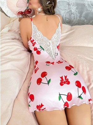 Pileli Store Kadın Kiraz  Desenli Dantel Detaylı  Askılı  Elbise 5067