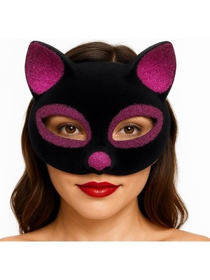 Pileli Store Siyah Renk Fuşya Simli Süet Kaplama Kedi Maskesi 18X14 cm