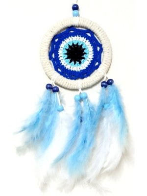 Pileli Store Nazar Boncuğu Motifli Bebe Mavisi ve Beyaz Kuş Tüylü Düş Kapanı Duvar Süsü