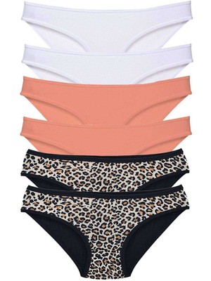 Pileli Store 6 Adet Likralı Kadın Slip Külot Leopar Beyaz Pudra