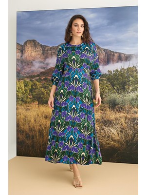 Pileli Store  %100 Viskon Çiçek Desenli Truvakar Kollu Saten Elbise