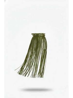 Pileli Store Haki Etek Uzun Püsküllü Suni Deri Etek - BRF1090