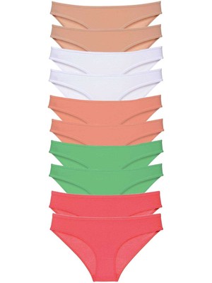 Pileli Store 10 Adet Süper Eko Set Likralı Kadın Slip Külot Ten Beyaz Pudra Yeşil Fuşya