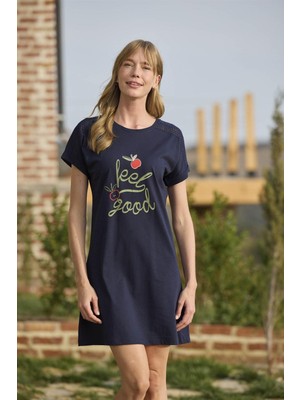 Pileli Store Meyve ve Yaprak Baskılı Dantelli "feel Good" Gecelik