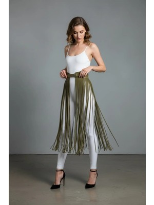 Pileli Store Haki Etek Uzun Püsküllü Yüksek Bel Etek - BRF1003