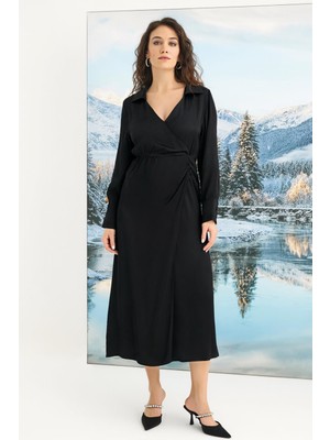 Pileli Store %100 Viskon Uzun Kollu Saten Elbise