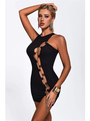 Pileli Store Bayan Zincirli Siyah Mini Elbise