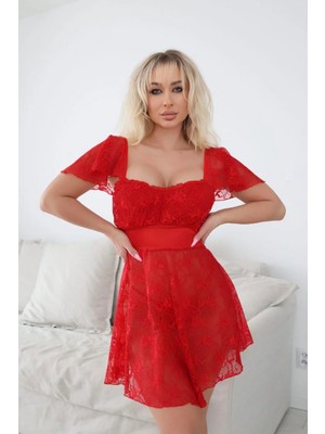 Pileli Store  Alt Kısmı Tül Üst Kısmı Jarse Mini Fantazi Kırmızı Gecelik