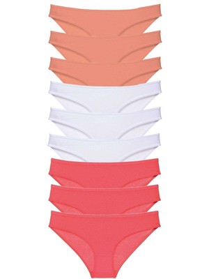 Pileli Store 9 Adet Süper Eko Set Likralı Kadın Slip Külot Pudra Beyaz Fuşya