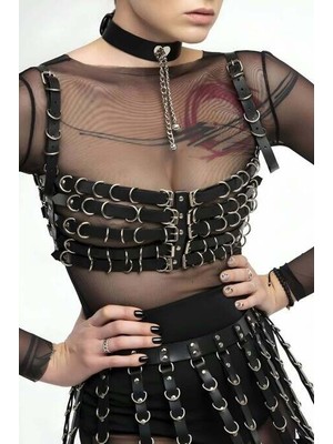 Pileli Store Beşli Göğüs Bağlamalı ve Etek Deri Harness - BRF891