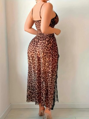 Pileli Store  Leopar Desenli Yırtmaçlı Fantezi Uzun Gecelik