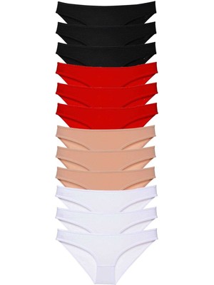 Pileli Store 12 Adet Süper Eko Set Likralı Kadın Slip Külot Siyah Kırmızı Ten Beyaz