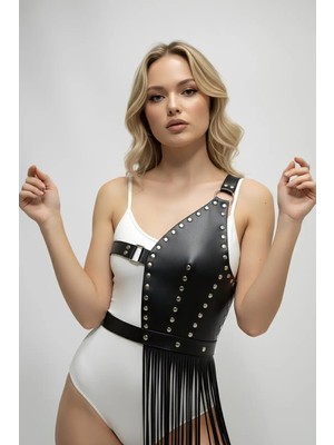 Pileli Store Siyah Etek Suni Deri Etek Zımbalı Uzun Püsküllü - BRF1014