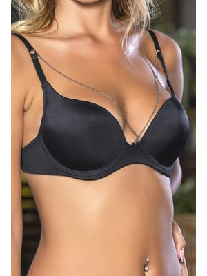 Pileli Store Günlük Kullanıma Uygun siyah Zincir Aksesuarlı Yarım Push-Up Sütyen,destekli, Düşük Dekolt