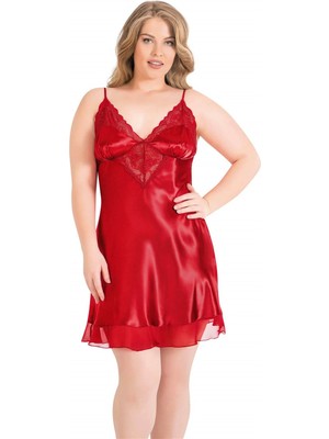 Pileli Store  Büyük Beden Kırmızı Kısa Saten Gecelik