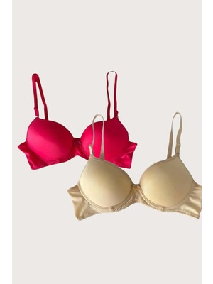 Pileli Store  Ten-Kırmızı 2'li Mikro Kumaş Push Up Dolgulu Balenli Günlük Destekli Sütyen