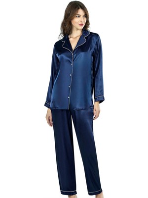 Pileli Store  Lacivert Ikili Saten Gecelik Pijama Takımı 7647