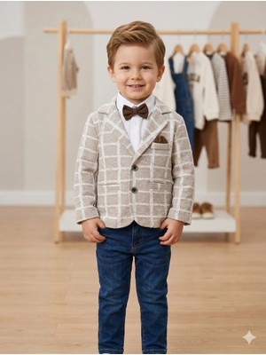 Vavbaby Erkek Çocuk Bej Kareli Blazer Ceketli Papyonlu 3’lü Takım