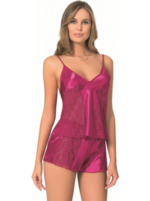 Pileli Store  Vişne Saten Babydoll Şort Takımı