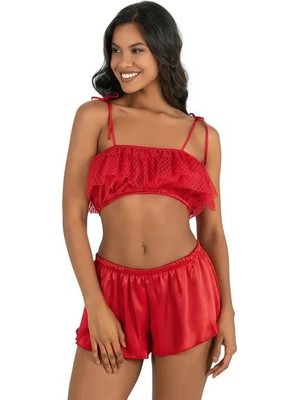 Pileli Store  Kırmızı Saten Şort Takımı 9206