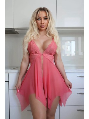 Pileli Store  Pembe Dantel Işlemeli Yırtmaçlı Fantezi Tül Gecelik