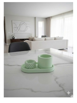 Lenisa Taş Tozu Dekoratif 3'lü Set Tealight Mumluk, Silindir Mumluk, Alt Tepsi