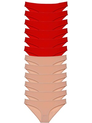 Pileli Store 12 Adet Eko Set Likralı Kadın Slip Külot Kırmızı Ten