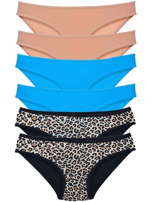 Pileli Store 6 Adet Likralı Kadın Slip Külot Leopar Ten Mavi