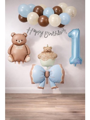 Patladı Gitti Retro 1 Yaş Ayıcık Temalı Erkek Bebek Konsept Doğum Günü Seti
