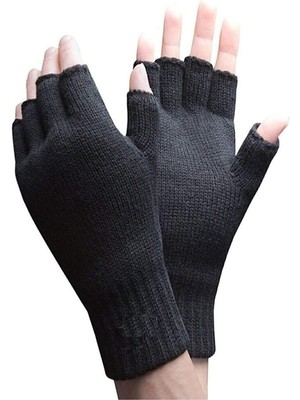 Pileli Store Yarım Parmak Kesik Siyah Eldiven Unisex 1 Çift Sıcak Tutan Yün Kışlık Kadın Erkek