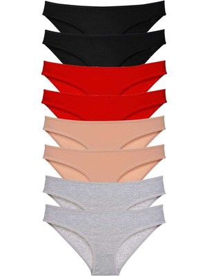 Pileli Store 8 Adet Süper Eko Set Likralı Kadın Slip Külot Siyah Kırmızı Ten Gri